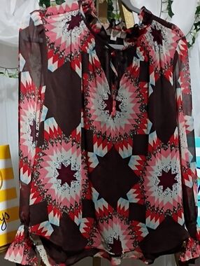 LOFT Brown Sheer Blouse with Pink Geometric Print